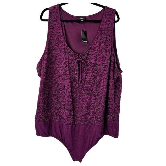 Torrid Bodysuit Corset 5X Lace Seamed Lace Up Bodysuit Purple Floral New - Picture 7 of 9